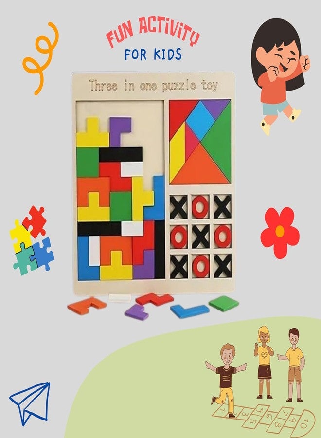 PIXELERA Kids Wooden Children's Educational Colorful Square Tangram Game Chess Xo Tic-Tac-Toe Nine-Square Three-in-One Puzzle Building Blocks Early Education Toy - Image 2